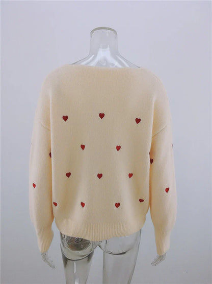 Women Sweaters- V Neck Cold Shoulder Mini Heart Sweater- - IndioGear.com