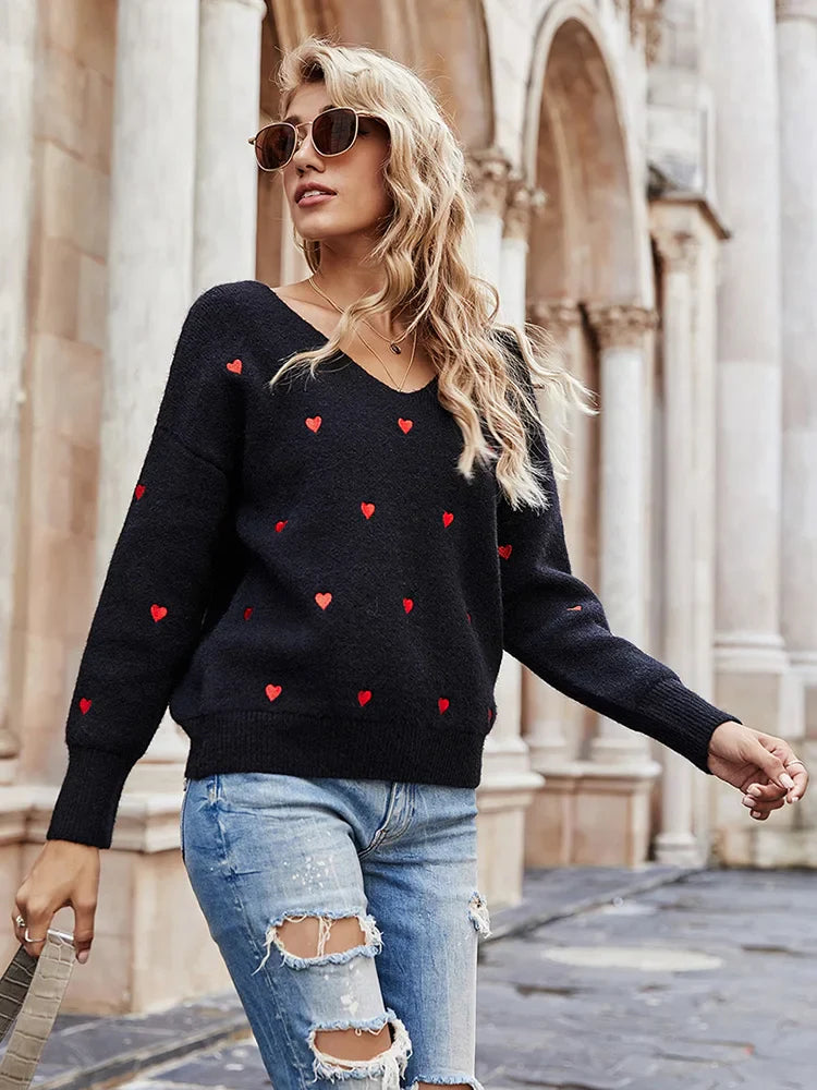 Women Sweaters- V Neck Cold Shoulder Mini Heart Sweater- - IndioGear.com