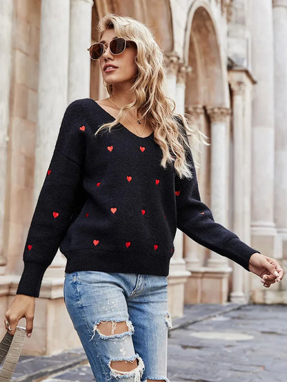 Women Sweaters- V Neck Cold Shoulder Mini Heart Sweater- - IndioGear.com