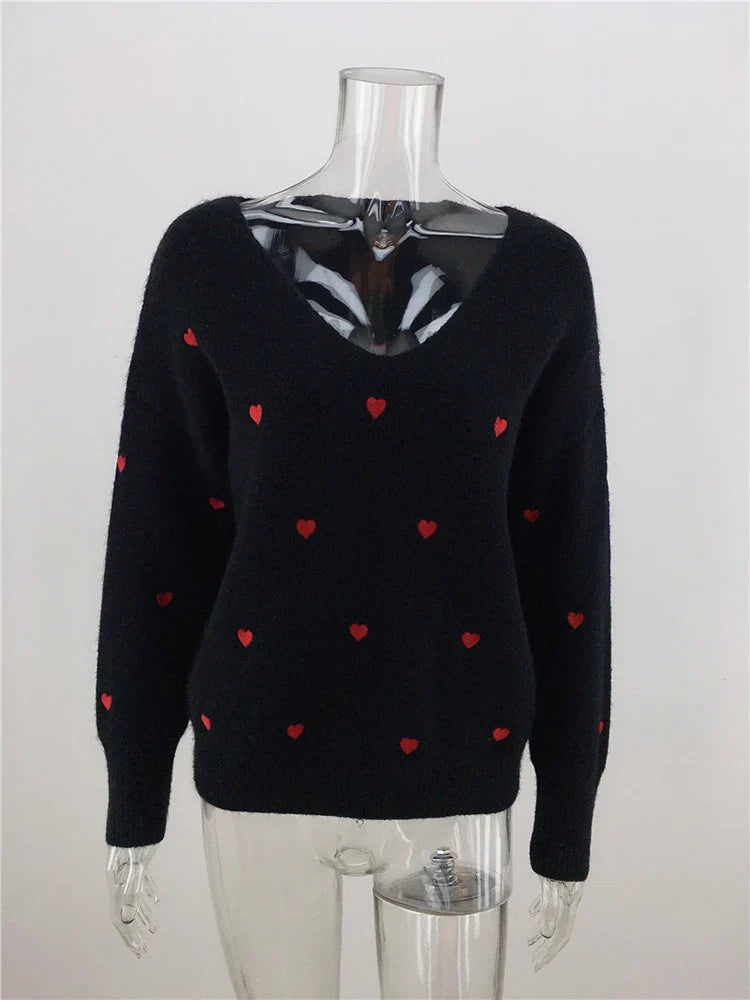 Women Sweaters- V Neck Cold Shoulder Mini Heart Sweater- - IndioGear.com