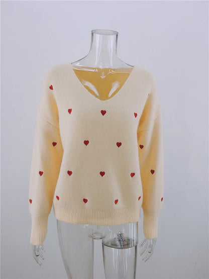 Women Sweaters- V Neck Cold Shoulder Mini Heart Sweater- - IndioGear.com