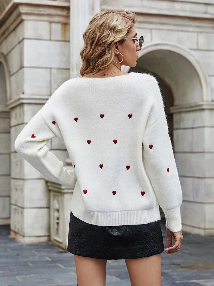 Women Sweaters- V Neck Cold Shoulder Mini Heart Sweater- - IndioGear.com