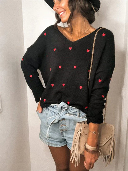 Women Sweaters- V Neck Cold Shoulder Mini Heart Sweater- - IndioGear.com