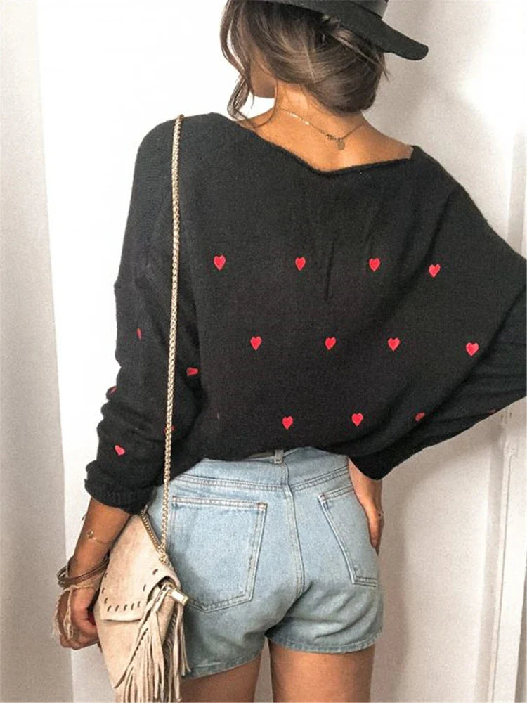 Women Sweaters- V Neck Cold Shoulder Mini Heart Sweater- - IndioGear.com