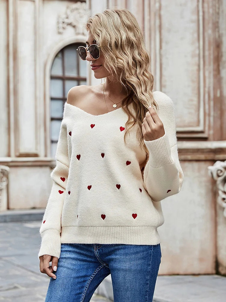 Women Sweaters- V Neck Cold Shoulder Mini Heart Sweater- - IndioGear.com