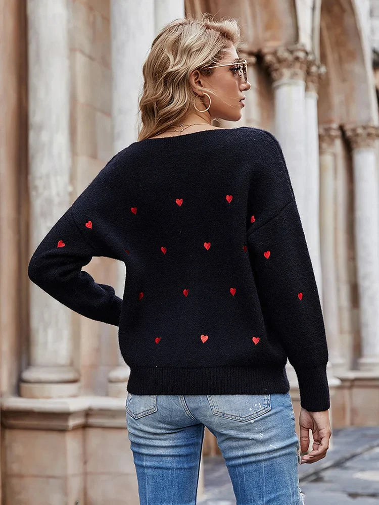 Women Sweaters- V Neck Cold Shoulder Mini Heart Sweater- - IndioGear.com