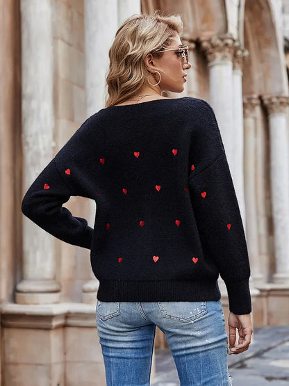 Women Sweaters- V Neck Cold Shoulder Mini Heart Sweater- - IndioGear.com