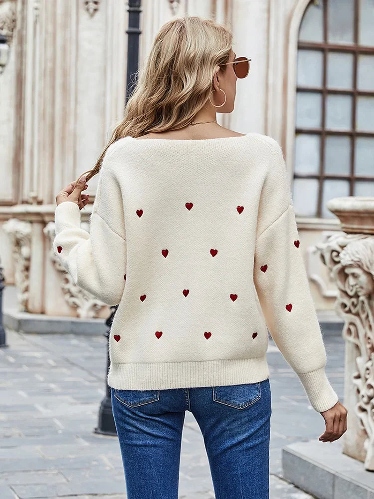 Women Sweaters- V Neck Cold Shoulder Mini Heart Sweater- - IndioGear.com