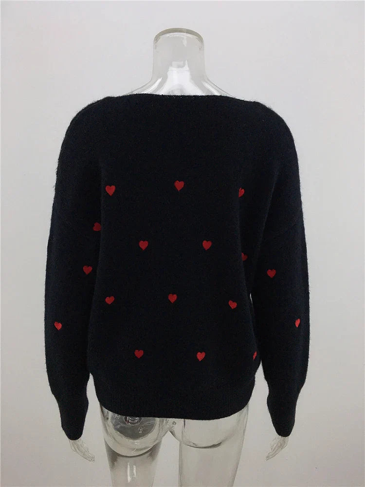 Women Sweaters- V Neck Cold Shoulder Mini Heart Sweater- - IndioGear.com