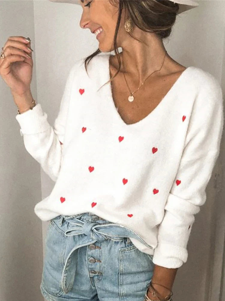 Women Sweaters- V Neck Cold Shoulder Mini Heart Sweater- - IndioGear.com