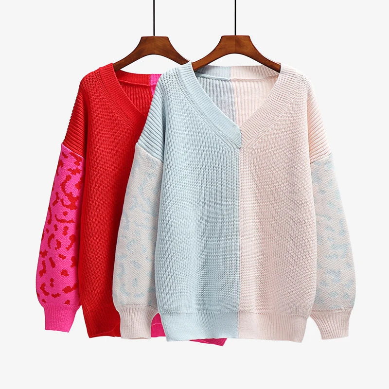 Women Sweaters- V-Neck Knit Sweater with Pop Leopard Detail on Sleeves- - IndioGear.com