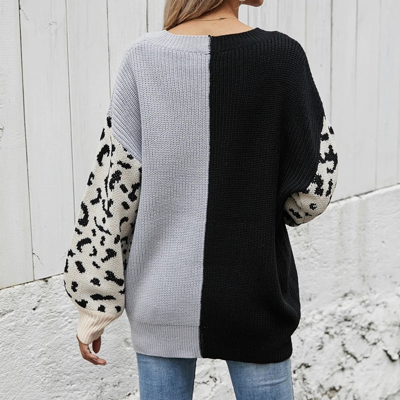 Women Sweaters- V-Neck Knit Sweater with Pop Leopard Detail on Sleeves- - IndioGear.com