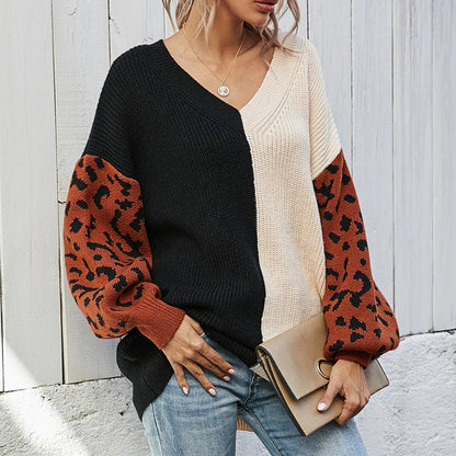 Women Sweaters- V-Neck Knit Sweater with Pop Leopard Detail on Sleeves- - IndioGear.com