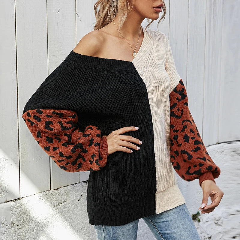 Women Sweaters- V-Neck Knit Sweater with Pop Leopard Detail on Sleeves- - IndioGear.com