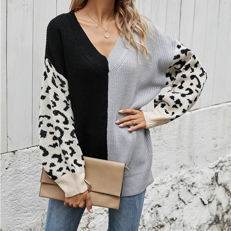 Women Sweaters- V-Neck Knit Sweater with Pop Leopard Detail on Sleeves- - IndioGear.com