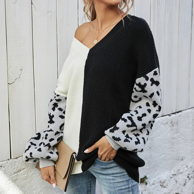 Women Sweaters- V-Neck Knit Sweater with Pop Leopard Detail on Sleeves- - IndioGear.com