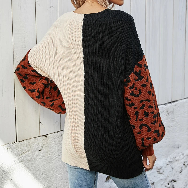 Women Sweaters- V-Neck Knit Sweater with Pop Leopard Detail on Sleeves- - IndioGear.com