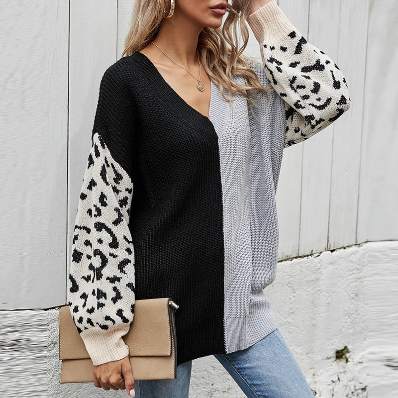 Women Sweaters- V-Neck Knit Sweater with Pop Leopard Detail on Sleeves- - IndioGear.com