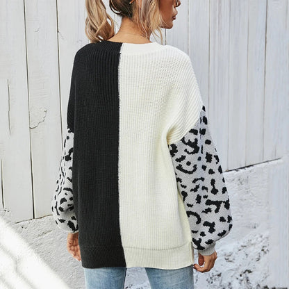 Women Sweaters- V-Neck Knit Sweater with Pop Leopard Detail on Sleeves- - IndioGear.com