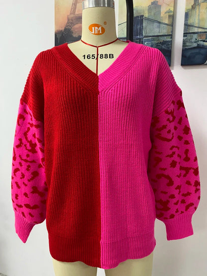 Women Sweaters- V-Neck Knit Sweater with Pop Leopard Detail on Sleeves- - IndioGear.com