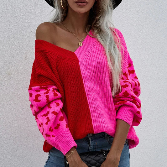 Women Sweaters- V-Neck Knit Sweater with Pop Leopard Detail on Sleeves- Rose Red- IndioGear.com