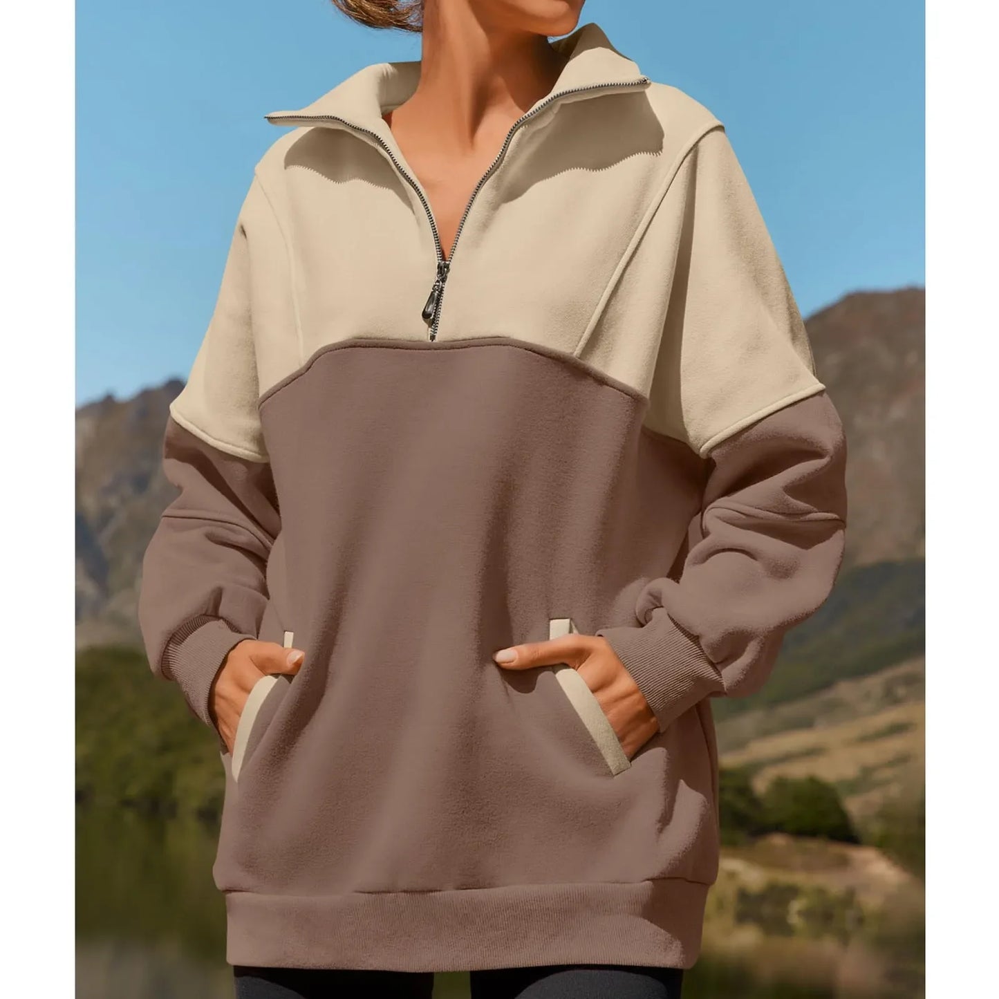 Women Sweatshirts- Casual Color Block Half-Zip Pullover- Khaki- IndioGear.com