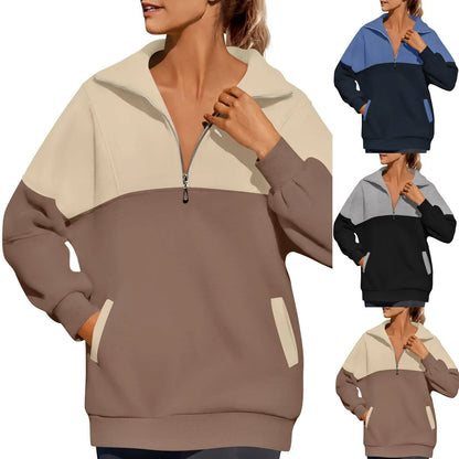 Women Sweatshirts- Casual Color Block Half-Zip Pullover- - IndioGear.com