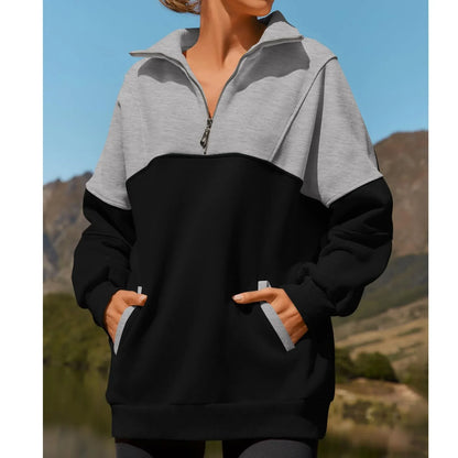 Women Sweatshirts- Casual Color Block Half-Zip Pullover- Gray- IndioGear.com