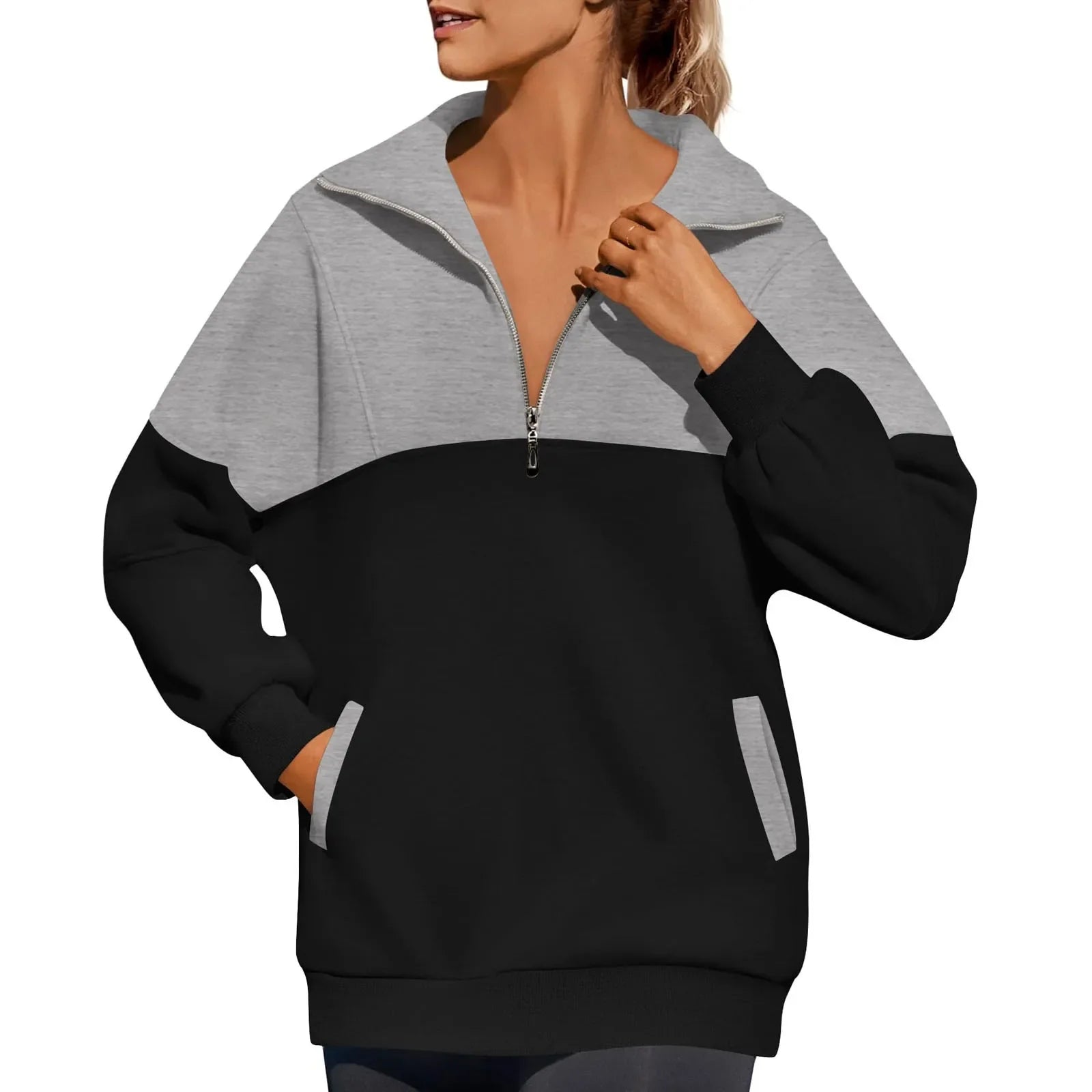 Women Sweatshirts- Casual Color Block Half-Zip Pullover- - IndioGear.com