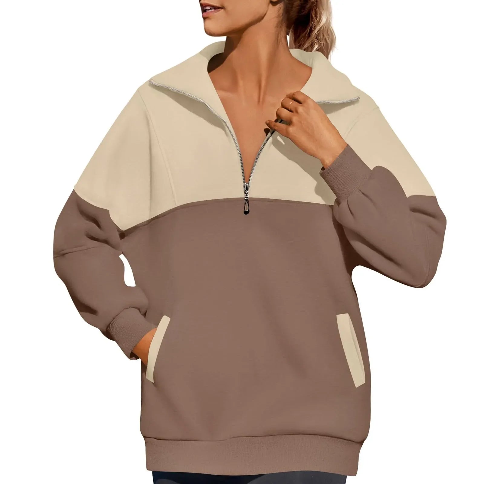 Women Sweatshirts- Casual Color Block Half-Zip Pullover- - IndioGear.com