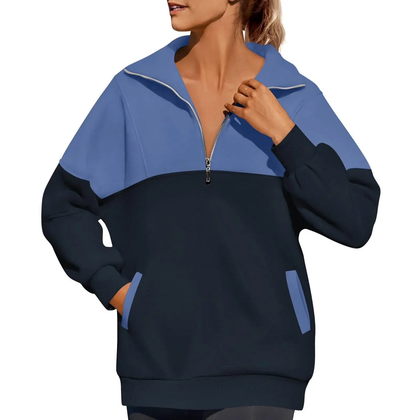 Women Sweatshirts- Casual Color Block Half-Zip Pullover- - IndioGear.com