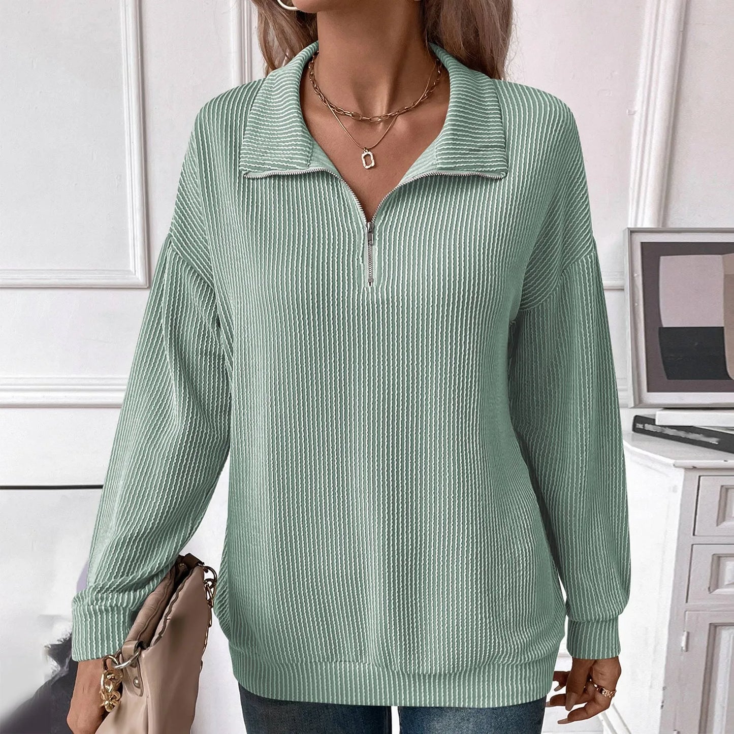 Women Sweatshirts- Casual Ribbed Half Zip Sweatshirt- - IndioGear.com