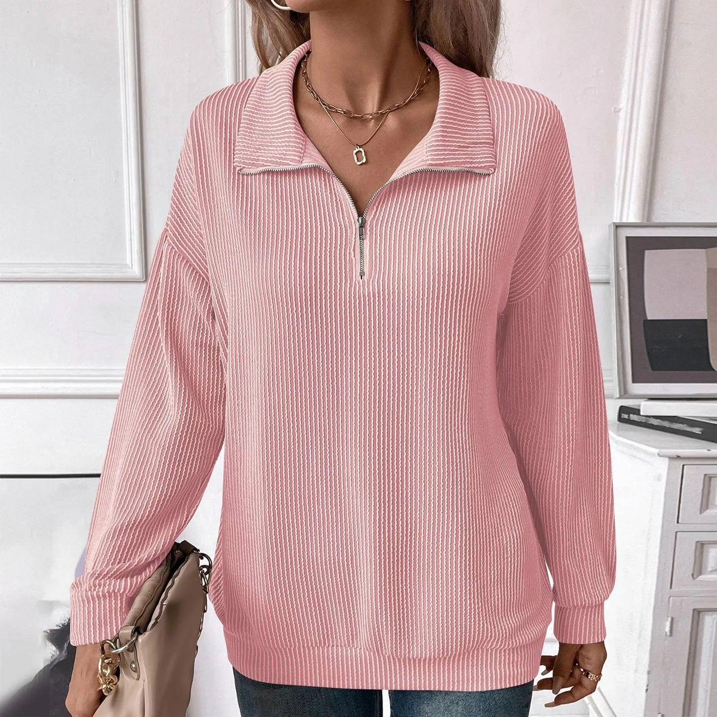 Women Sweatshirts- Casual Ribbed Half Zip Sweatshirt- - IndioGear.com