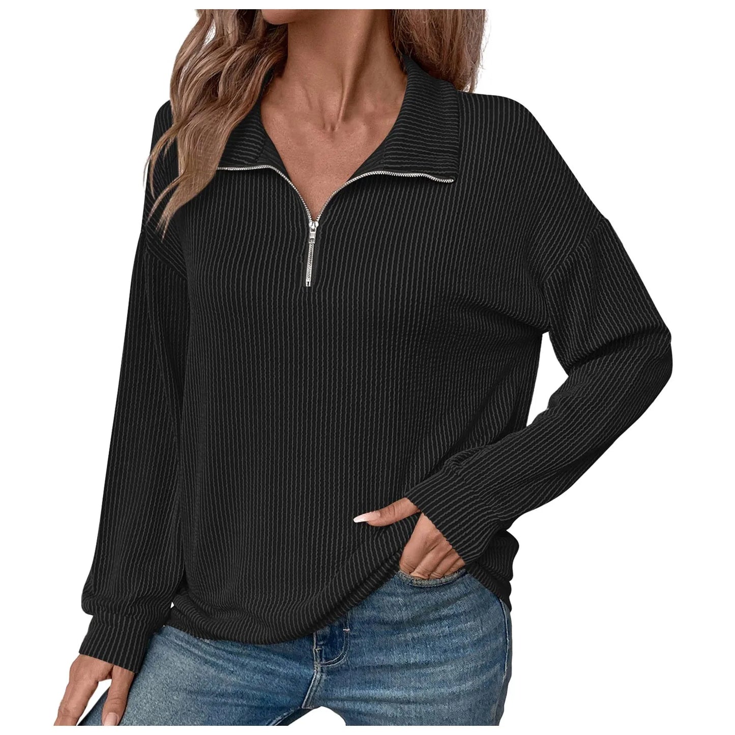 Women Sweatshirts- Casual Ribbed Half Zip Sweatshirt- - IndioGear.com