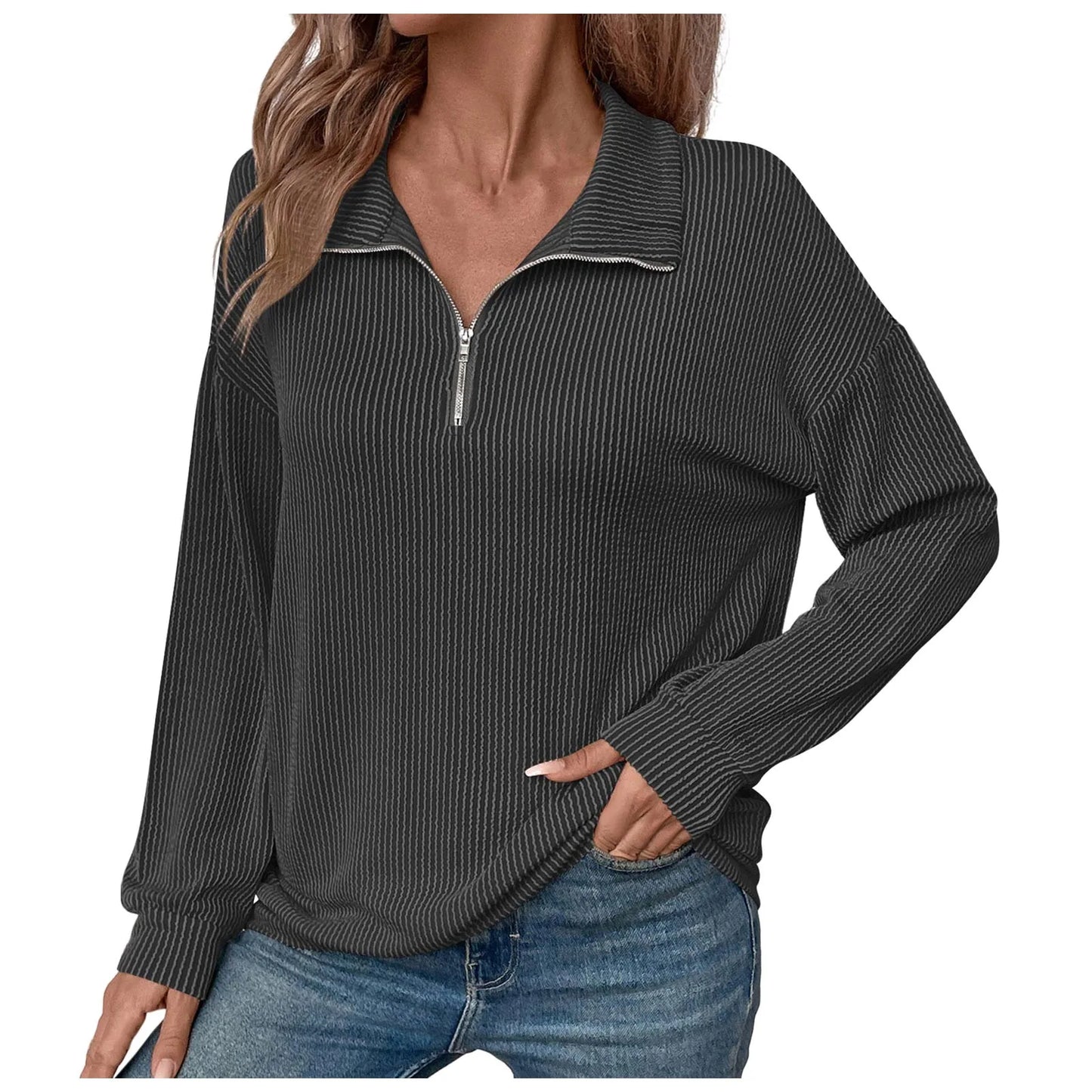 Women Sweatshirts- Casual Ribbed Half Zip Sweatshirt- - IndioGear.com