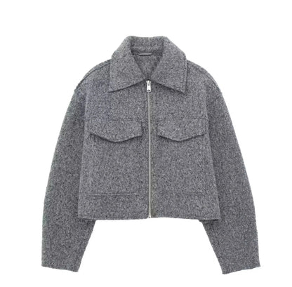 Wool Jackets- Cropped Wool Jacket Flapper Utility Outerwear- Grey- IndioGear.com