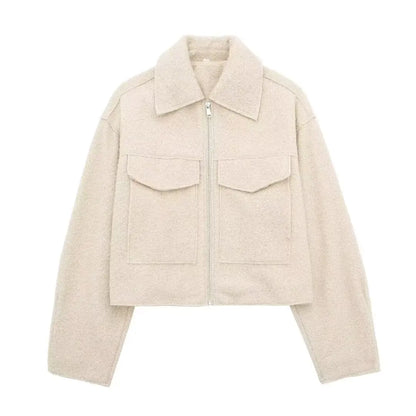 Wool Jackets- Cropped Wool Jacket Flapper Utility Outerwear- Beige- IndioGear.com