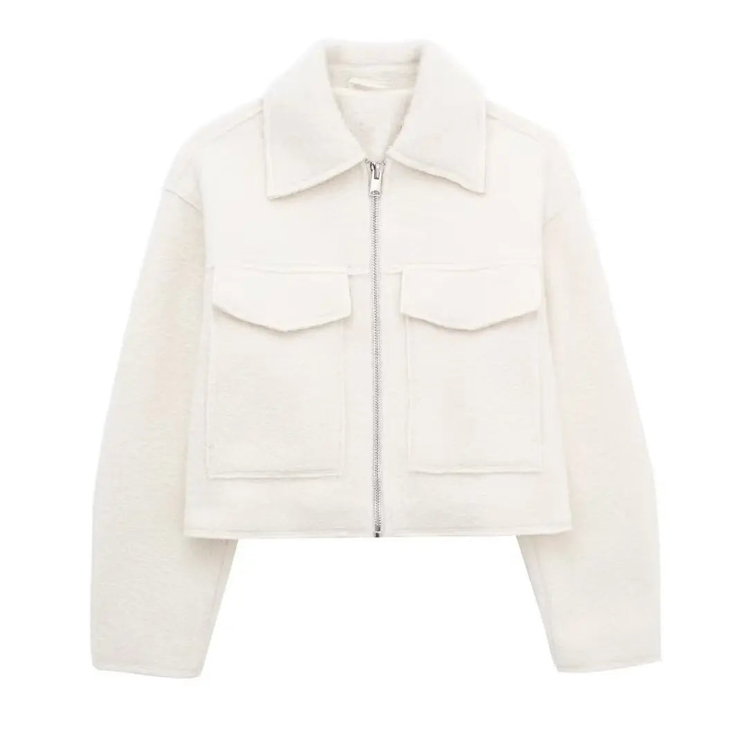 Wool Jackets- Cropped Wool Jacket Flapper Utility Outerwear- White- IndioGear.com