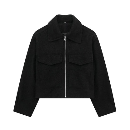 Wool Jackets- Cropped Wool Jacket Flapper Utility Outerwear- Black- IndioGear.com