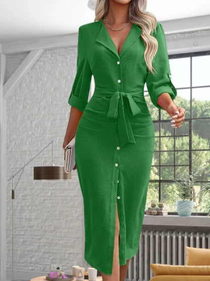 Workwear Midi Dresses- Solid Color Button-Up Midi: A Must-Have for Trendy Professionals- green- IndioGear Women Clothing