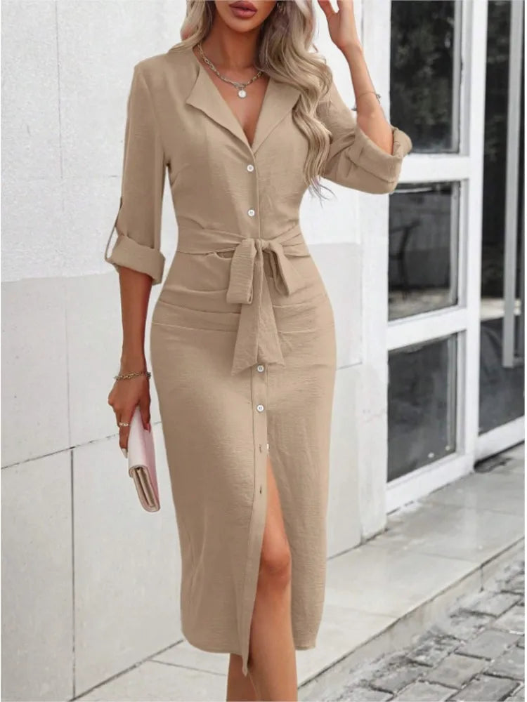 Workwear Midi Dresses- Solid Color Button-Up Midi: A Must-Have for Trendy Professionals- Khaki- IndioGear Women Clothing