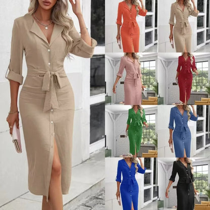 Workwear Midi Dresses- Solid Color Button-Up Midi: A Must-Have for Trendy Professionals- - IndioGear Women Clothing