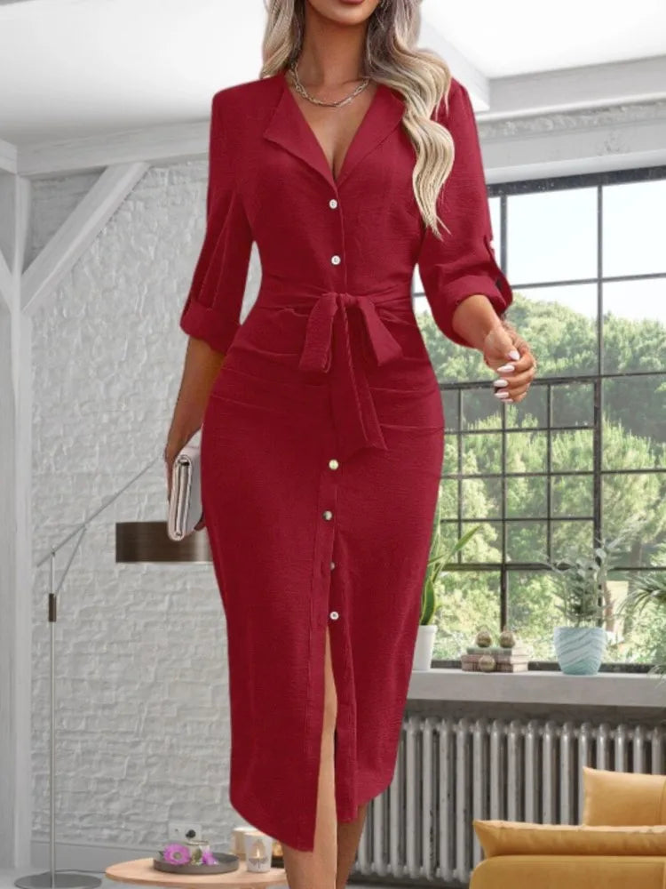 Workwear Midi Dresses- Solid Color Button-Up Midi: A Must-Have for Trendy Professionals- Red- IndioGear Women Clothing