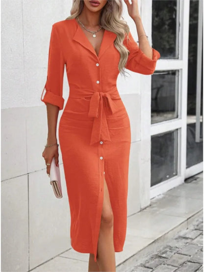 Workwear Midi Dresses- Solid Color Button-Up Midi: A Must-Have for Trendy Professionals- Orange Red- IndioGear Women Clothing