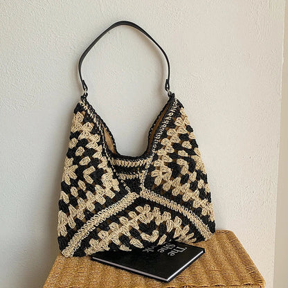 Woven Straw Handbags- Chic Boho Straw Weave Tote- Black- IndioGear Women Clothing