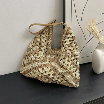 Woven Straw Handbags- Chic Boho Straw Weave Tote- Khaki- IndioGear Women Clothing