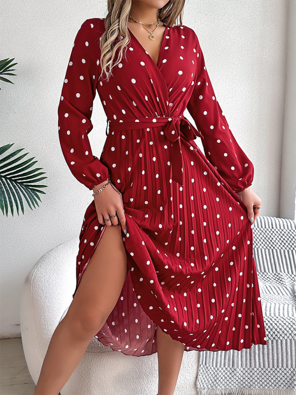 Wrap Dress- Essential Long Sleeve Polka Dot Tie Belt Midi Dress- Wine Red- IndioGear.com