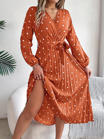 Wrap Dress- Essential Long Sleeve Polka Dot Tie Belt Midi Dress- Orange- IndioGear.com