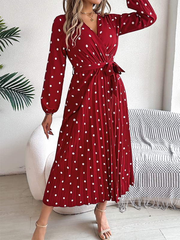 Wrap Dress- Essential Long Sleeve Polka Dot Tie Belt Midi Dress- - IndioGear.com