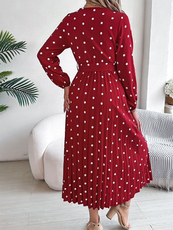 Wrap Dress- Essential Long Sleeve Polka Dot Tie Belt Midi Dress- - IndioGear.com